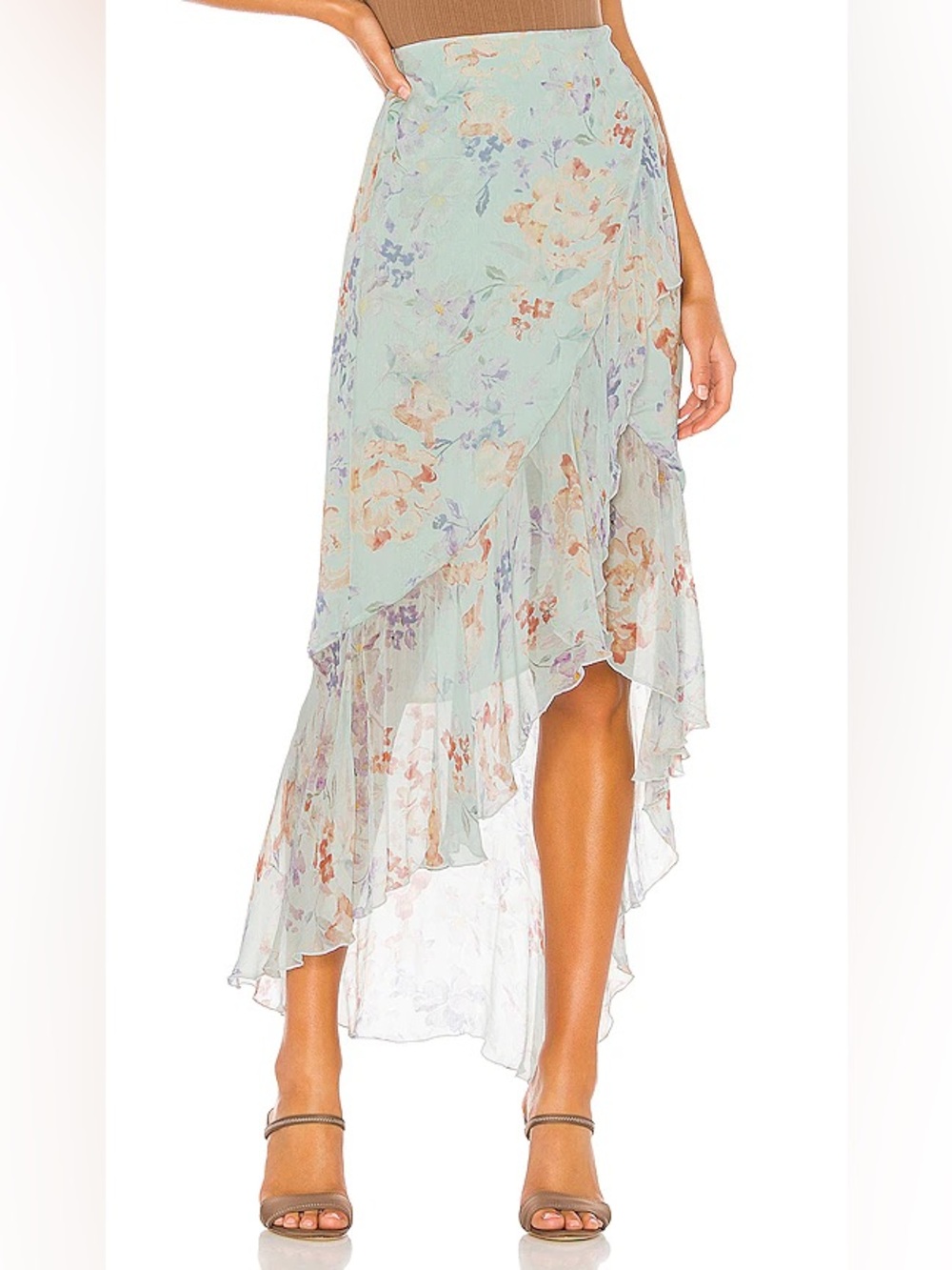 Alice + Olivia Pastel Sage Floral High-Low Ruffle Skirt